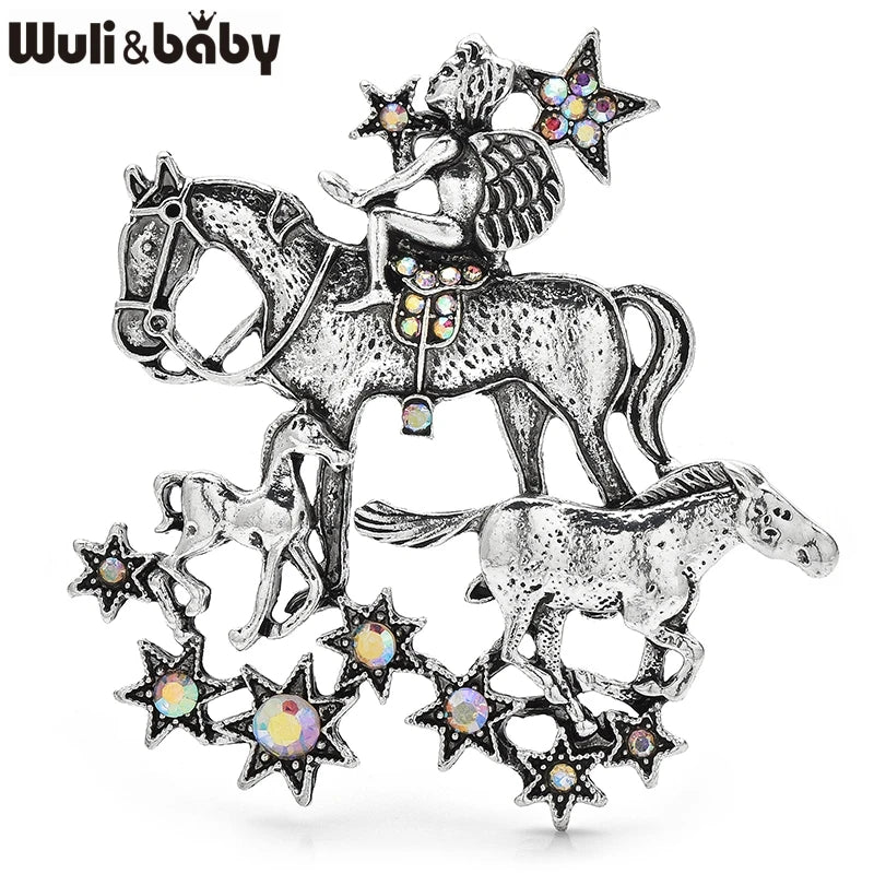 Wuli&baby Vintage Angel Ride Horses Brooches For Women Unisex Metal Lucky Year Of The Horse Animal Office Casual Brooch Pins