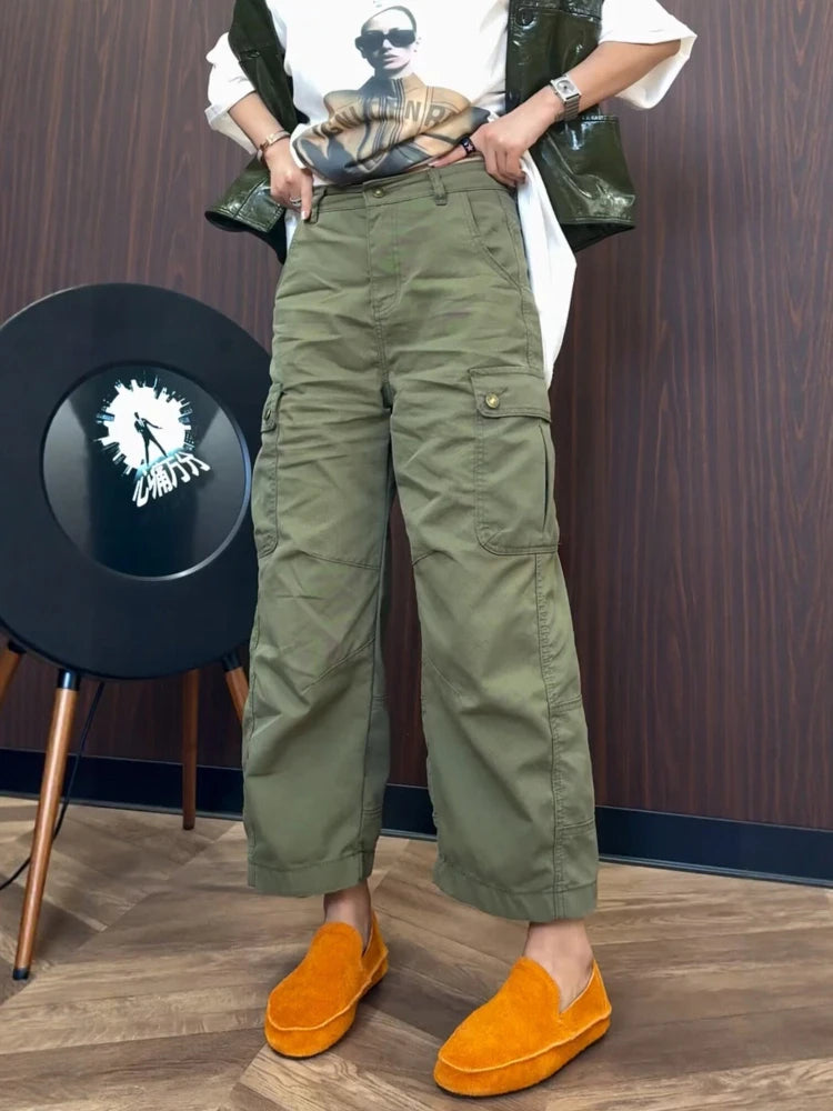 PENDRA Military Green Workwear Wide Leg Pants