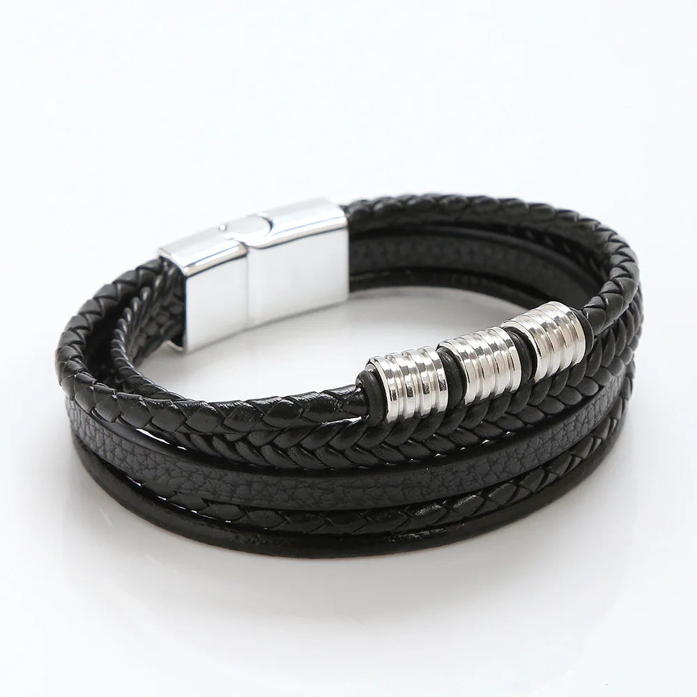 Black Multi Layers Leather Bracelet for Men,Metal Tube Charm Handmade Braided Rope Leather Bracelet,Gift for Husband Dad Son