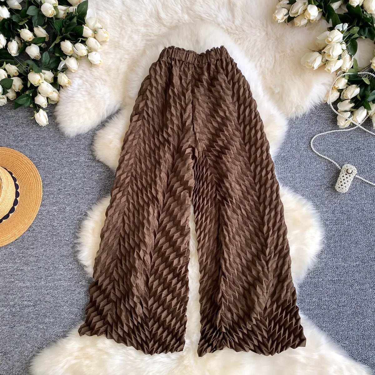 Lazy style high waisted casual wide leg pants women in spring and summer new stretch solid color loose versatile pants