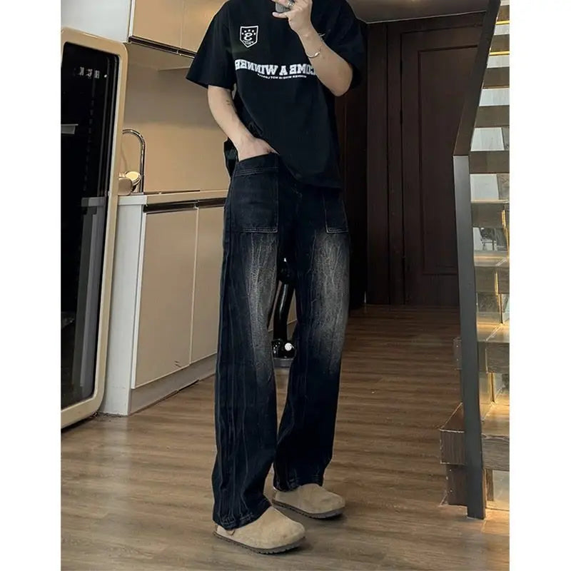Washed Cracked Jeans Men's Spring 2026 American High Street Pants Slim Pants Mens Clothing Baggy Cowboy Man Pants baggy jeans