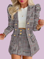 Elegant two-piece set, fashionable double breasted lapel suit jacket and high waisted floral print mini skirt, new women's set