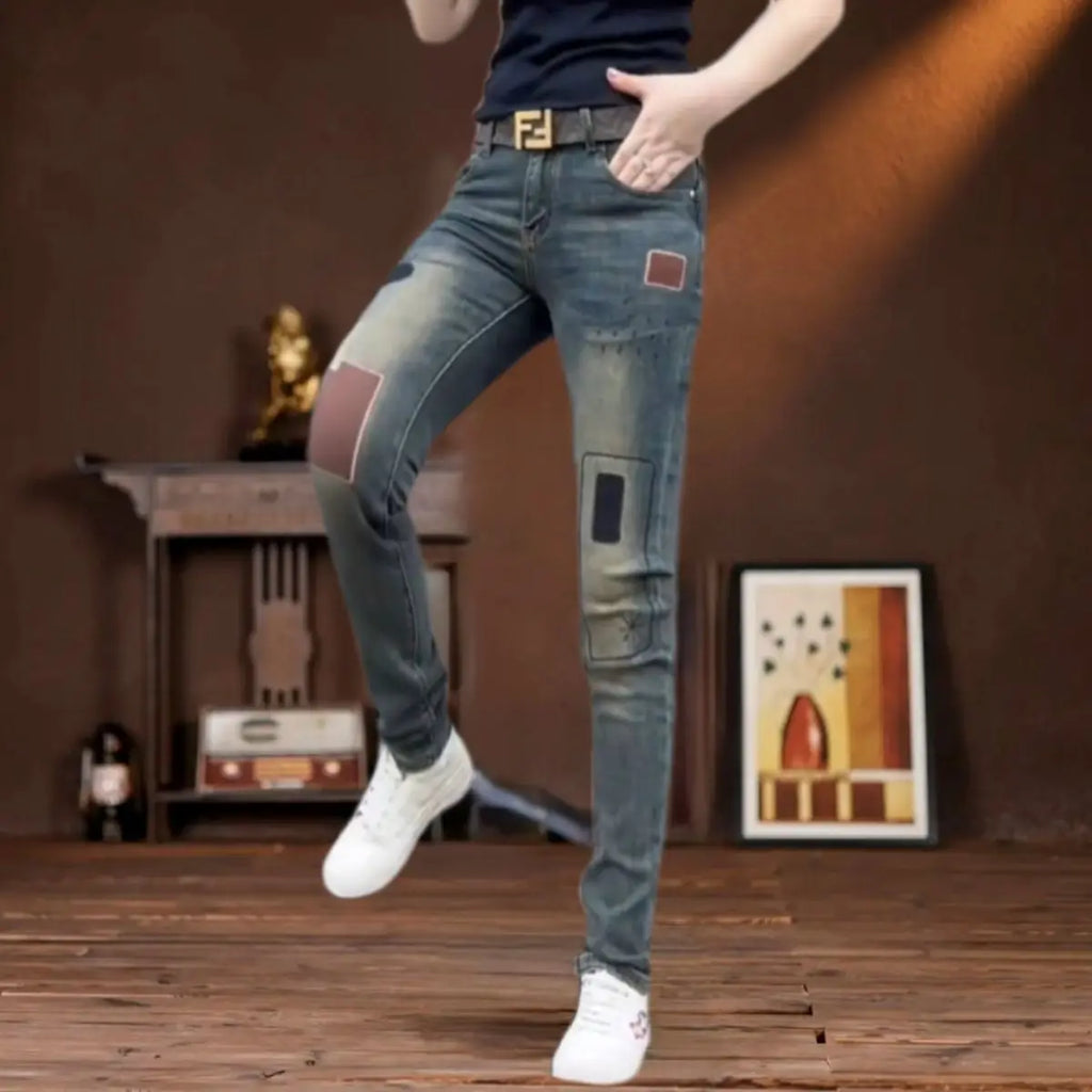 PENDRA Blue Embroidered Slim Jeans
