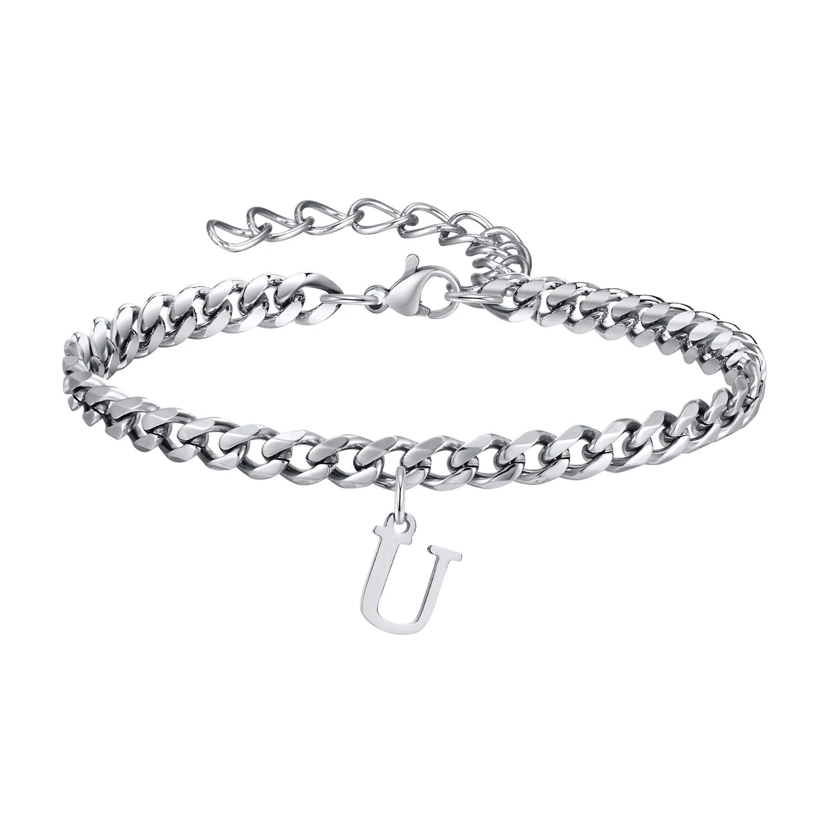 Mens Initials Cuban Links Bracelets,Stainless Steel A-Z 26 Letters Alphabet Charm Chain Wristband Adjustable,Casual Jewelry Gift
