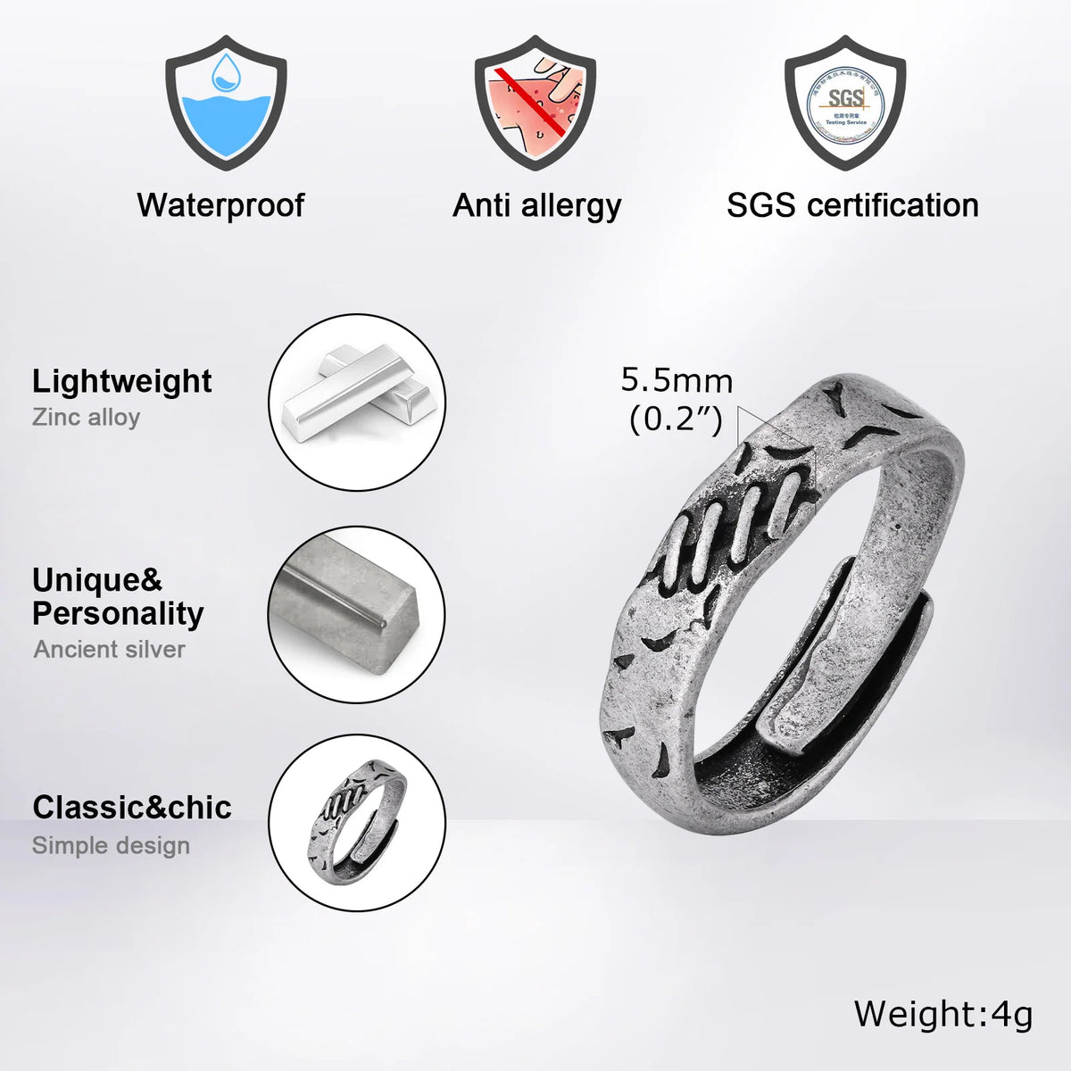Grey Scar Rings for Men Boys,Retro Charm Metal Adjustable Ring Free Size Ring,New Fashion Jewelry Accessories Gifts