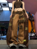 Retro leopard print patchwork brown casual pants women autumn winter plush embroidery street personality loose dance pants