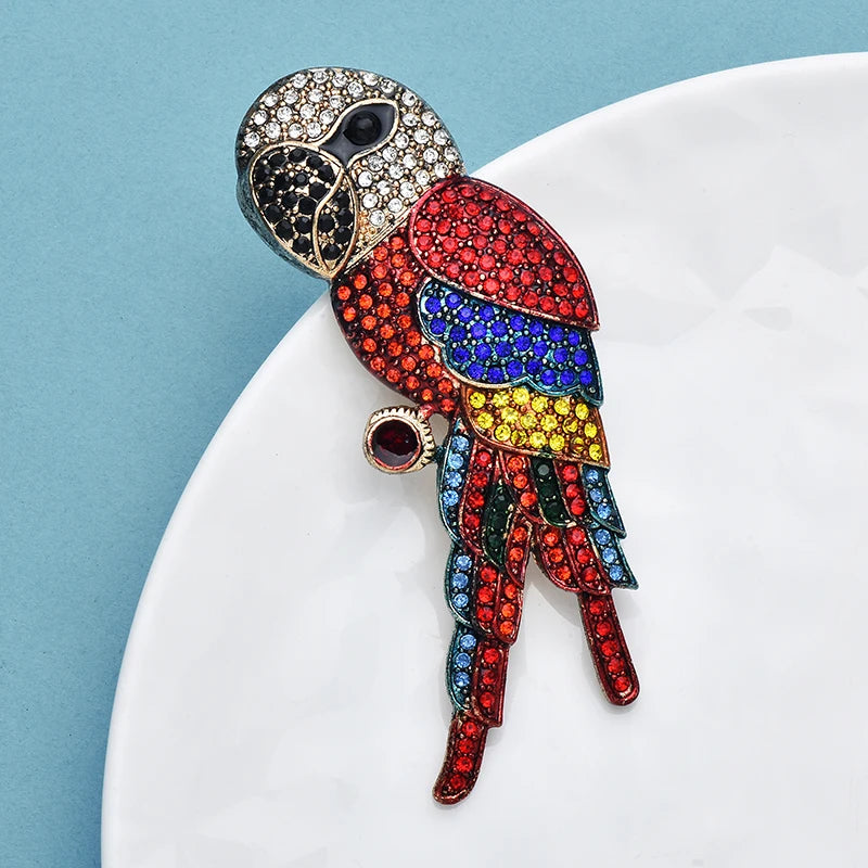 Wuli&baby Full Rhinestone Big Head Parrot Bird Brooch Pins For Women Jewelry Accessory Gift Animal Badge
