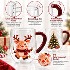 Christmas Double Wall Glass Mug Red Handle Xmas Snowman Reindeer Coffee Cup Holiday Decor Gift