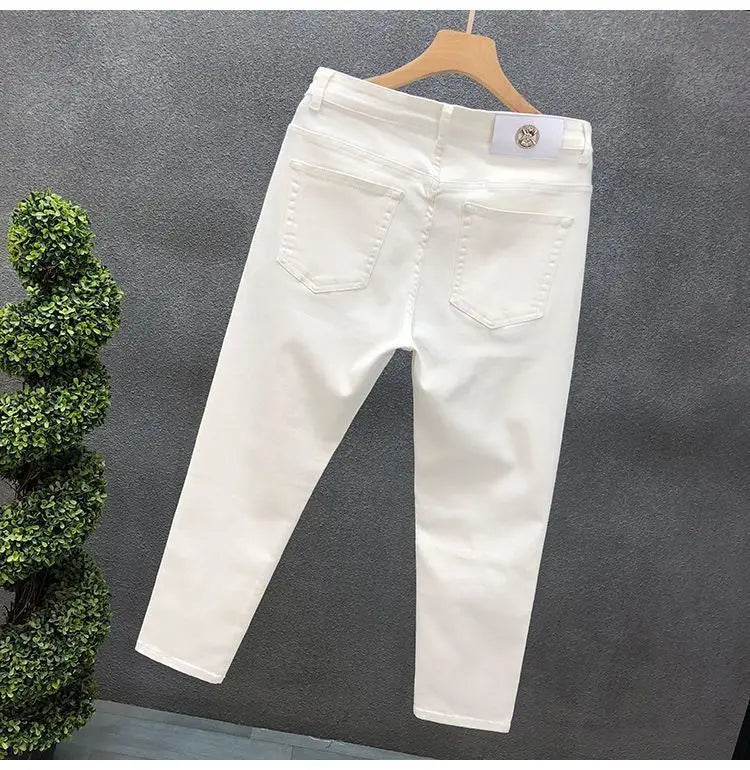 High-Quality Korean Street Men's Slim Jeans for Spring and Autumn with Denim Fabric and Casual Solid White Black Punk Trousers
