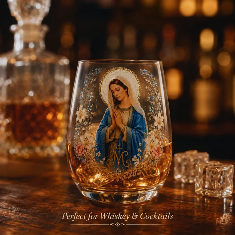 Virgin Mary 300ml Stemless Glass Tumbler Catholic Religious Whiskey Cup Christian Prayer Gift for Home Bar Decoration