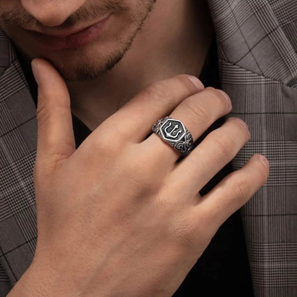 Mprainbow Mens Tridant Signet Ring, Waterproof Stainless Steel Geometric Top Stamp Finger Band, Rock Punk Gifts for Him Jewelry
