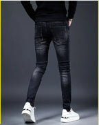2025 Summer Ripped Jeans Men's Slim-fitting Small Feet Elastic Trousers Trendy Brand Fashion Scratched Patch Cargo Beggar Pants
