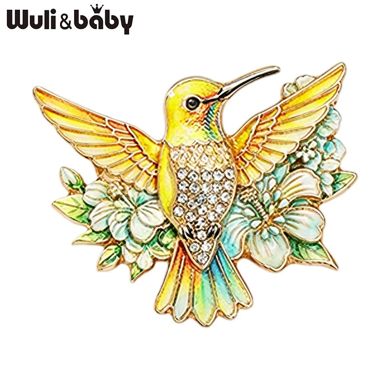 PENDRA Floral Hummingbird Rhinestone Brooch
