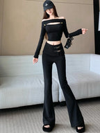 High end black micro flared pants women's autumn and winter fashion design high waisted casual slim and versatile pants