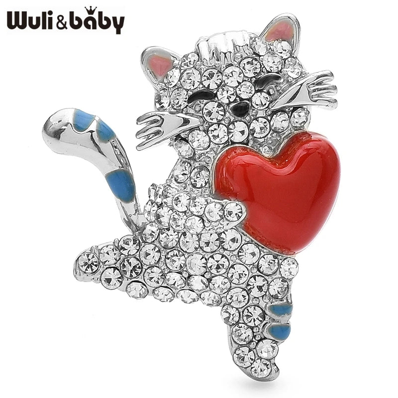 Wuli&baby Cute Heart Cat Brooches For Women Lady 2-color Rhinestone Animal Pets Party Casual Brooch Pins Gifts