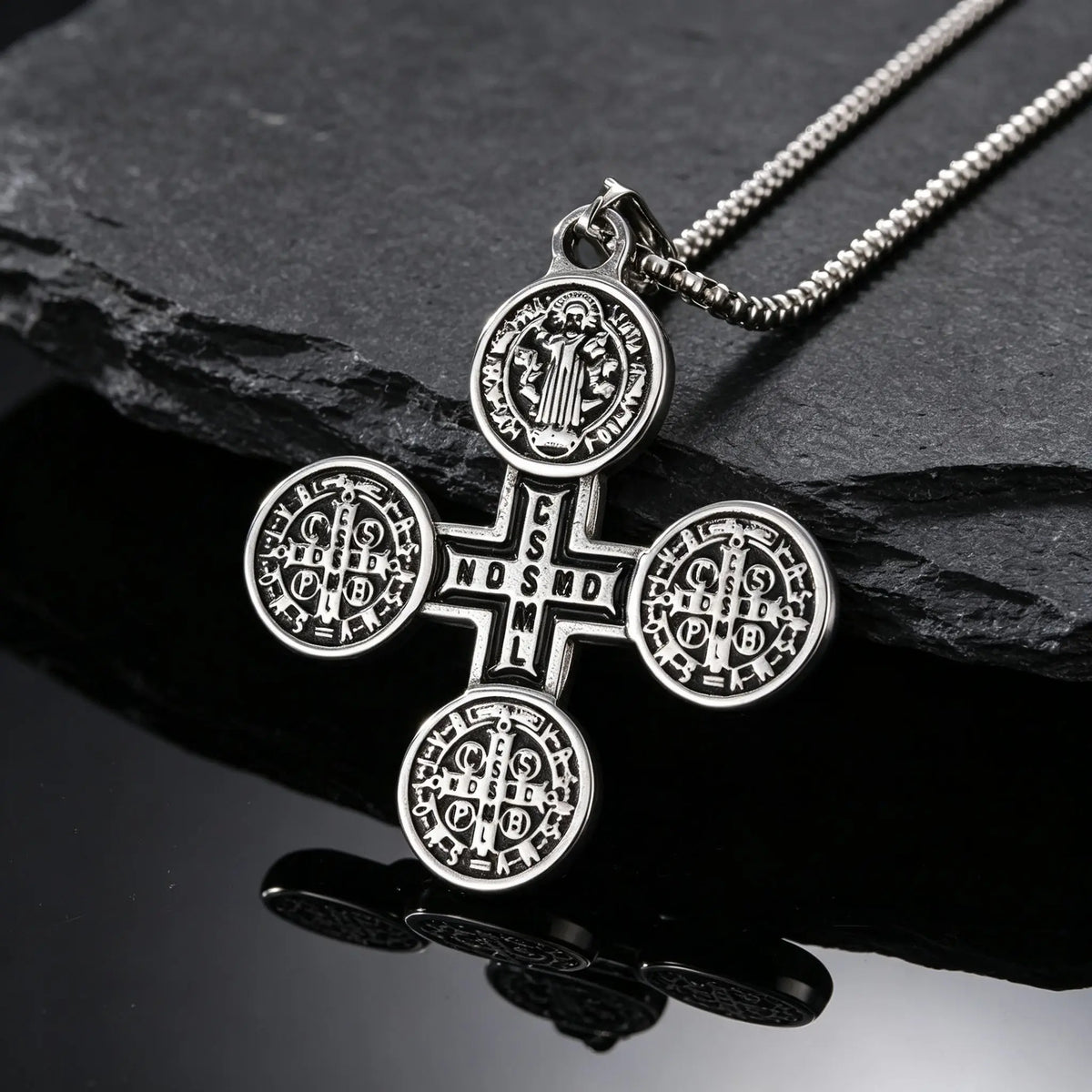 Saint Benedict Pendant Necklace for Men,Stainless Steel Religious Cross Pendant Necklace,Faith Prayer Jewelry