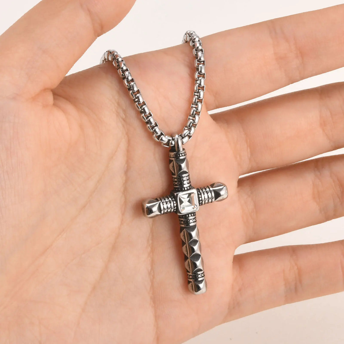 Punk Mens Cross Pendant Necklace,Silver Color Plain Cross Pendant Collar with Stainless Steel Box Chain,Exquisite Male Gift