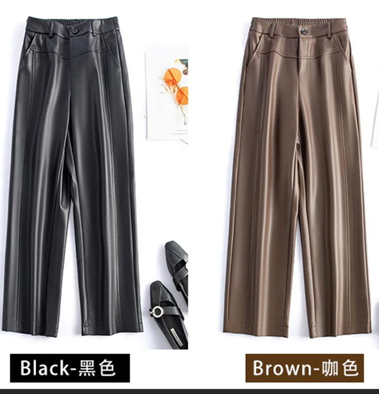 2025 autumn and winter new style leather pants elastic high waisted slim fit commute straight leg pants for women