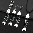 Hip hop Fish Bone Necklace Earrings Drop Ear Pendant Stainless Steel Simple Design Silver Color Party Jewelry Sets Accessories