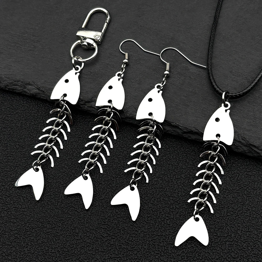 Hip hop Fish Bone Necklace Earrings Drop Ear Pendant Stainless Steel Simple Design Silver Color Party Jewelry Sets Accessories