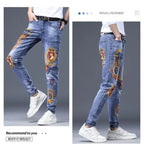 Spring Autumn Harajuku Fashion Art Craft Graphical Paintings 2000s Streetwear Male Slim Boyfriend Stylish Pants Denim Jeans Men