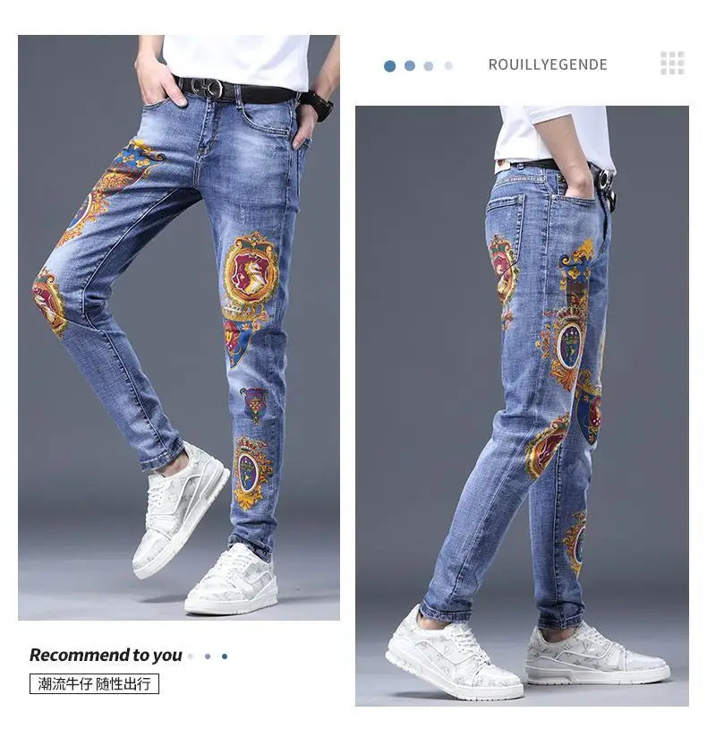 Spring Autumn Harajuku Fashion Art Craft Graphical Paintings 2000s Streetwear Male Slim Boyfriend Stylish Pants Denim Jeans Men
