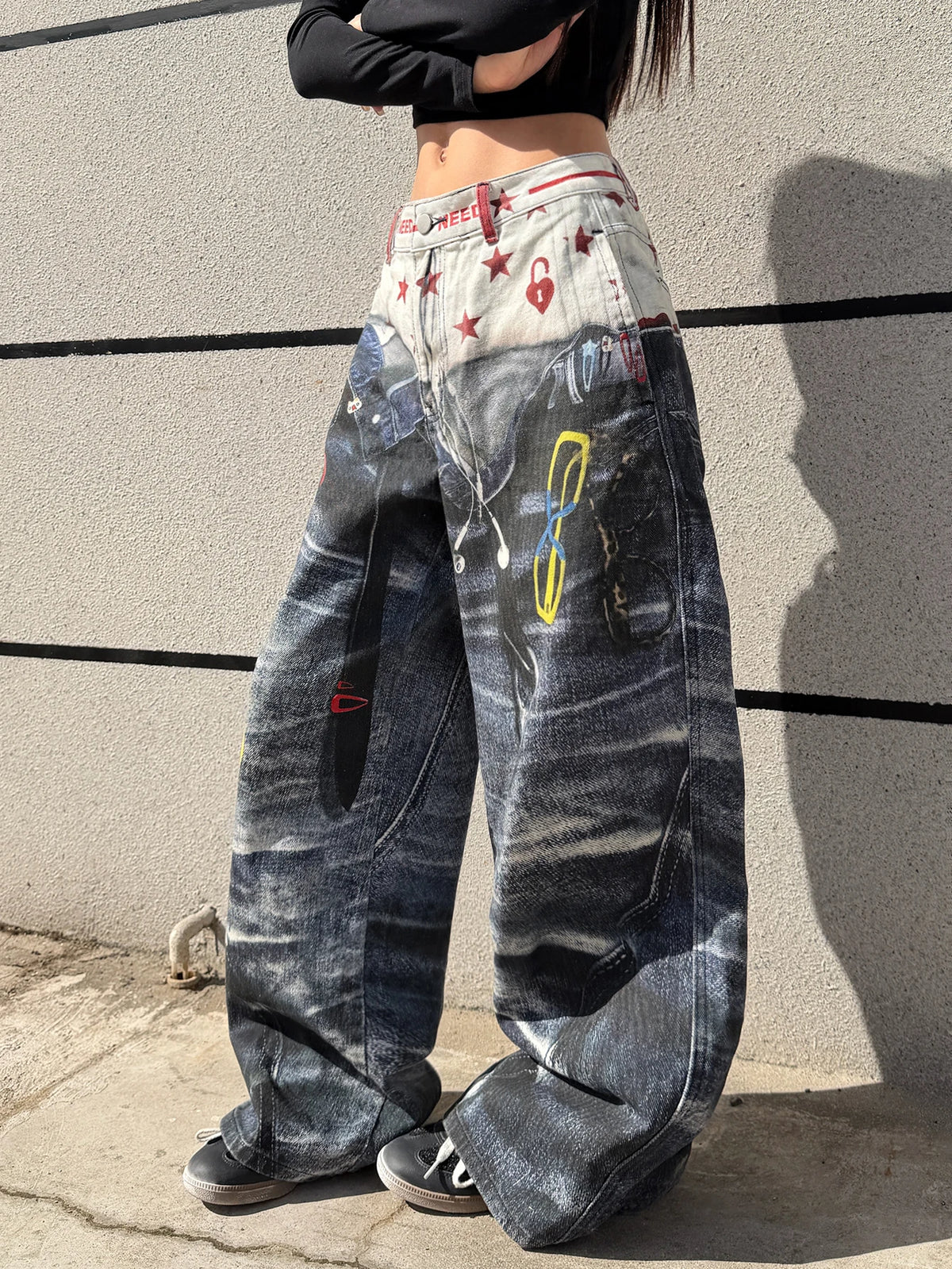 American High-Street 3D Print Design Blue Loose Jeans Y2K Street Trendy Fashion Versatile High-Waist Wide-Leg Pants