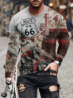 Vintage Motorcycle Print Men's Long Sleeve T-shirt Autumn Daily Head Fashion Men's Top Motorcycle Enthusiast Long Sleeve T-shirt