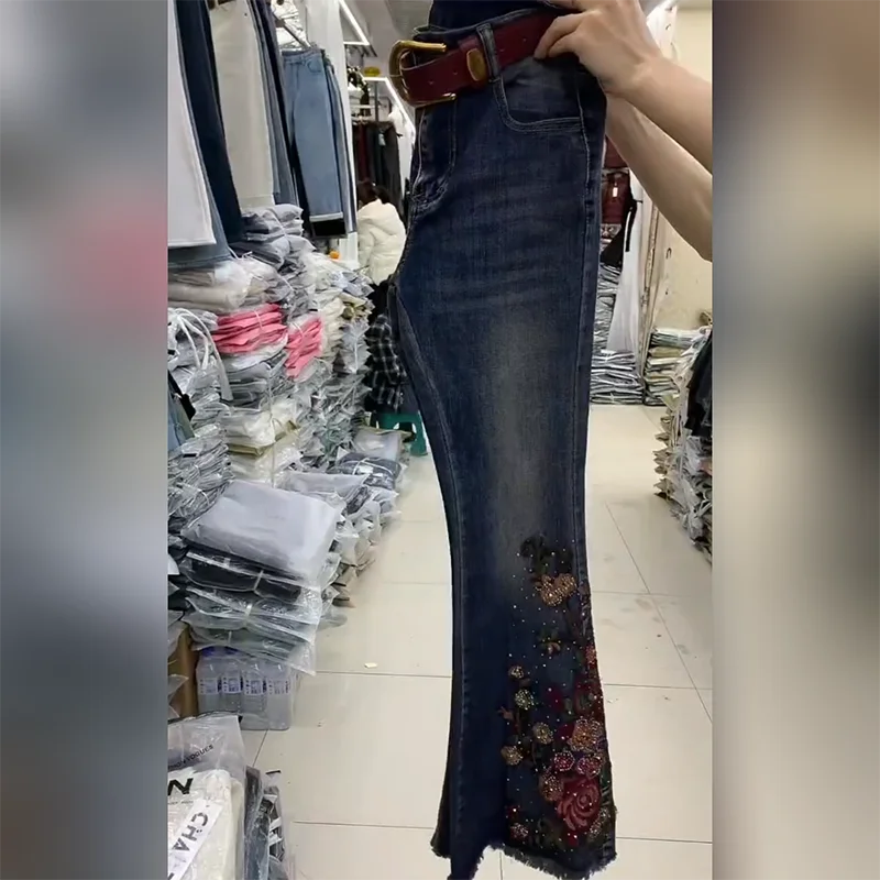 Embroidered Denim Flared Pants Women Spring 2025 New High-waisted Slim-fitting Ethnic Style Heavy Industry Hot Diamond Trousers