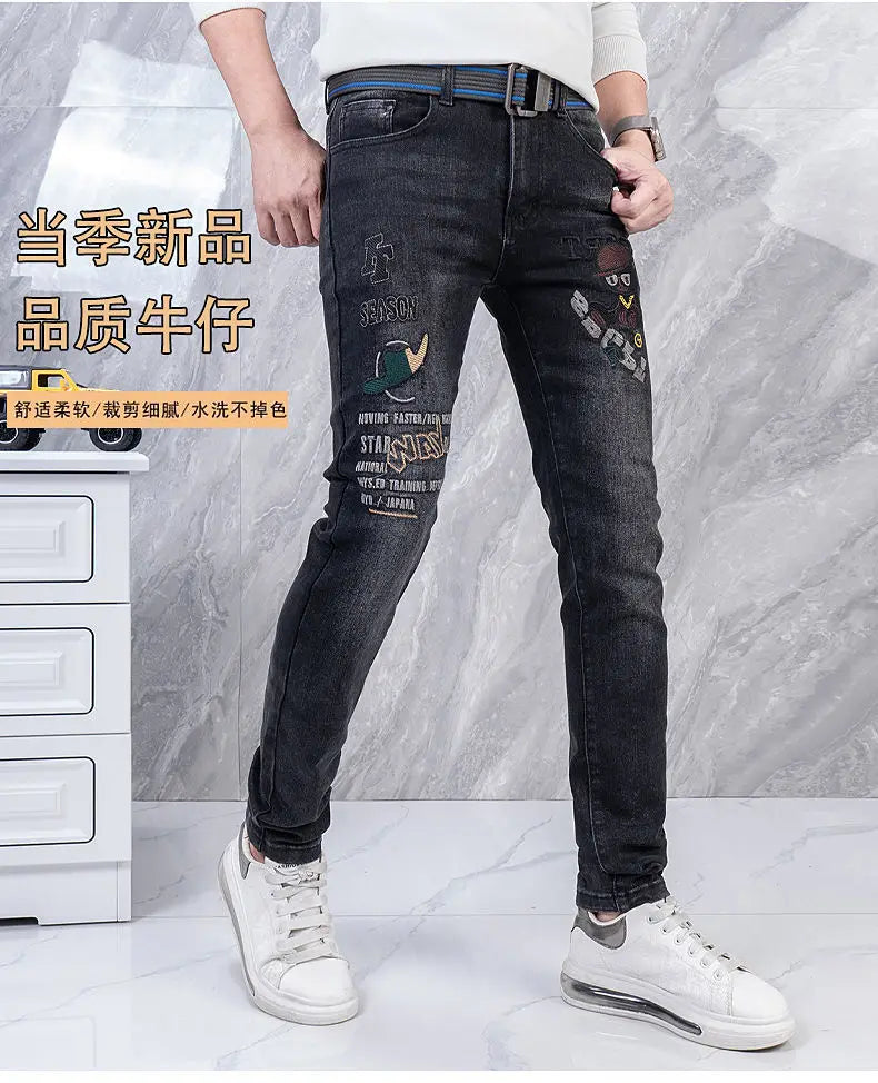 Original Brand Men's Clothing Autumn and Winter New Trend Letter Embroidered Jeans Men's Slim Fashion Korean Elastic Trousers