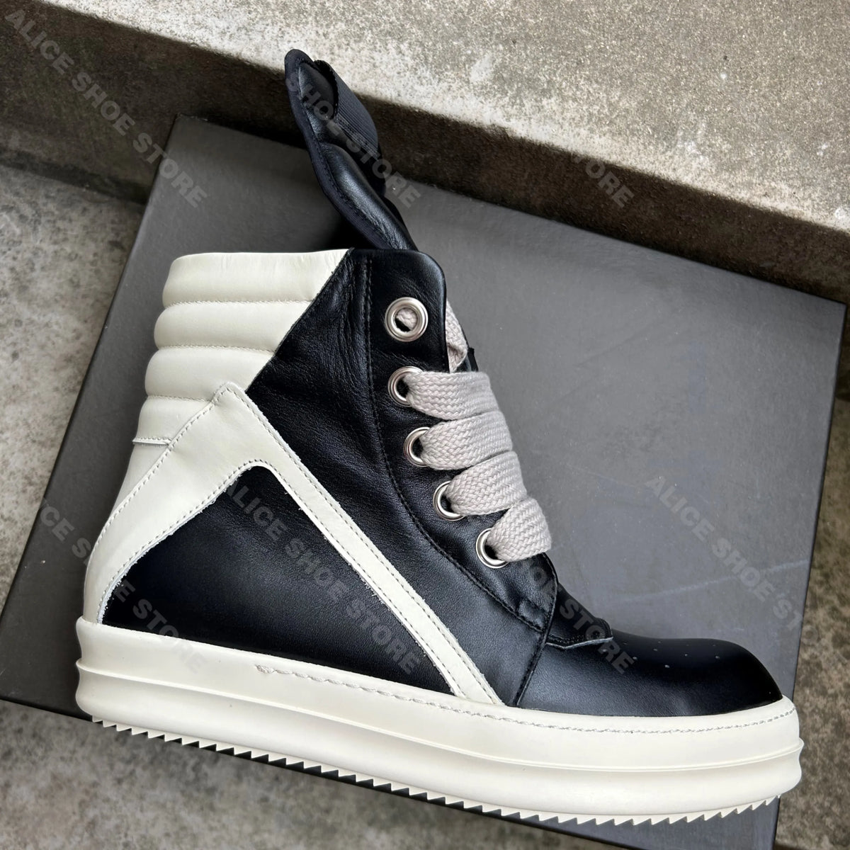 PENDRA Geobasket Noir Black Cow Leather High-Top Zip Jumbo-Lace Ankle Boots