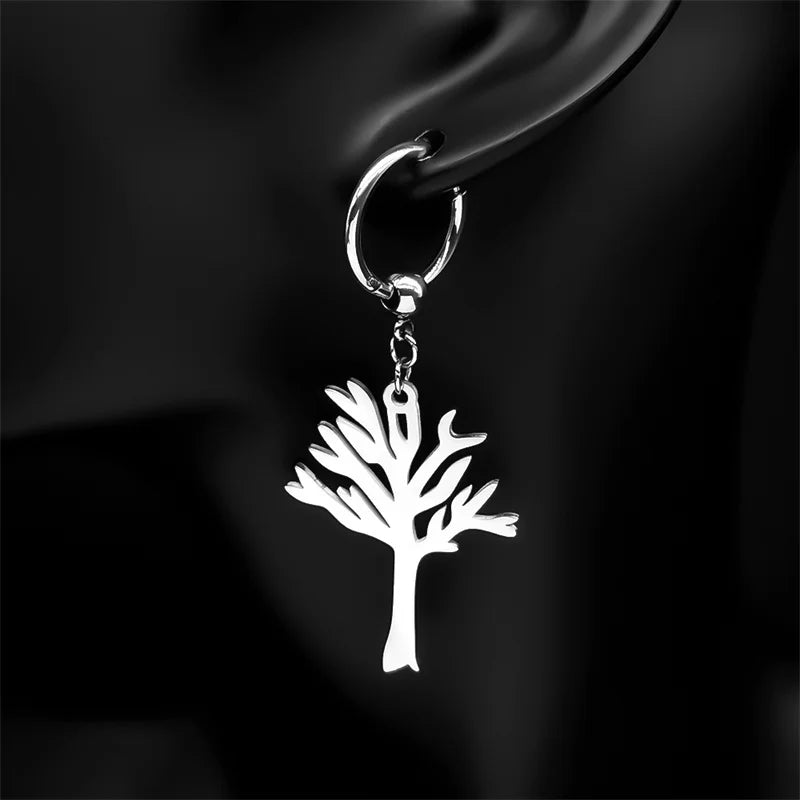 Stainless Steel Music Band Hip Hop Tree of Life Hoop Earrings for Women Silver Color Gothic Punk Earring Jewelry Gift E3404S06