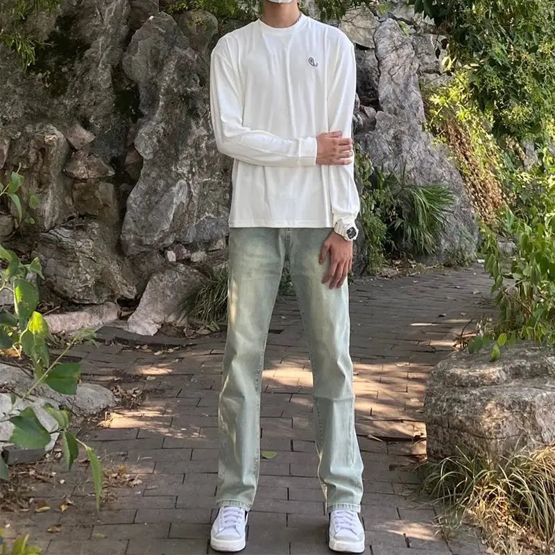 Fashion 2026 Zipper Leg Yellow Mud Washed Old Jeans Men's High Street Slim-fitting and Thin Trousers Streetwear Washed Jeans