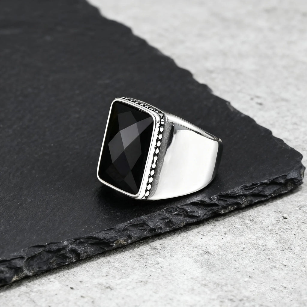 Black Square Ring for Men Boys,Waterproof Stainless Steel Signet Ring,Punk Ethnic Jewelry Gift