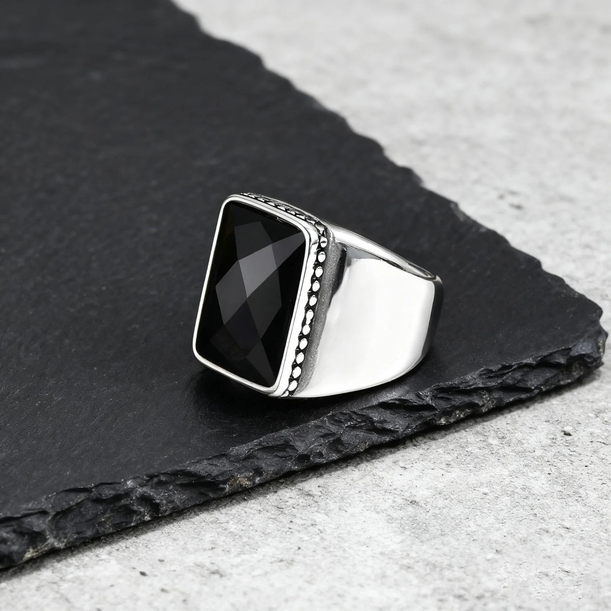 Black Square Ring for Men Boys,Waterproof Stainless Steel Signet Ring,Punk Ethnic Jewelry Gift