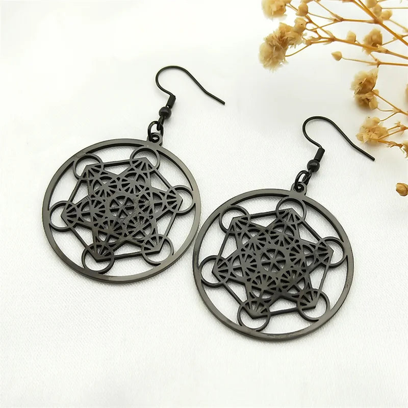 Sacred Geometry Metatron Cube Big Hoop Earrings for Women Stainless Steel Gold Color Amulet Chakra Round Hollow Earrings Jewelry