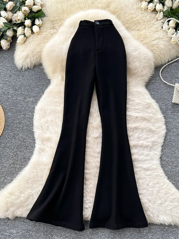 High waisted slim fit micro flared pants women in spring new design sense casual versatile solid color straight leg pants