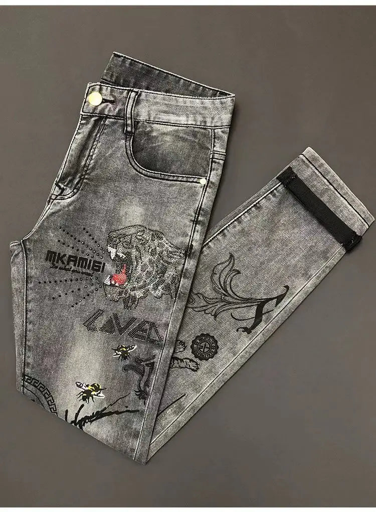 High-end Hot Diamond Jeans Men's Spring and Autumn Tide Brand Slim-fitting Small Feet Tiger Print Gray Casual Men Trousers Man