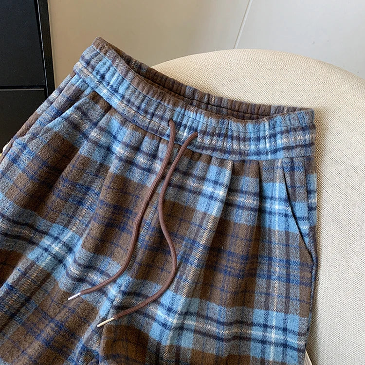 PENDRA Plaid Woolen Elastic Waist Wide Leg Pants