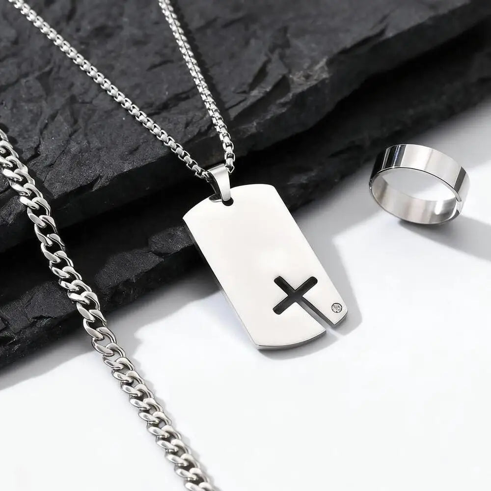 3pcs/set Dogtag Necklace for Men Boys,Stainless Steel Cuban Chain Bracelet,Waterproof Bend Ring Set Gift