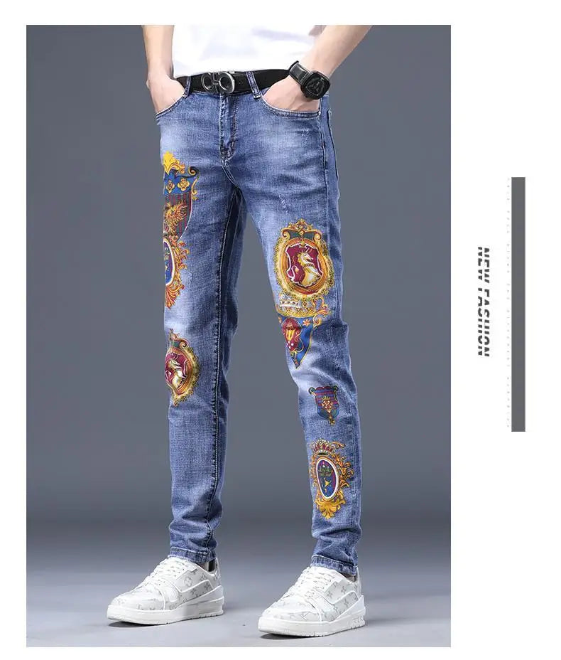 Spring Autumn Harajuku Fashion Art Craft Graphical Paintings 2000s Streetwear Male Slim Boyfriend Stylish Pants Denim Jeans Men