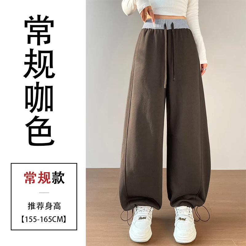 American style sports pants women in autumn and winter 2025 new style thick drawstring color blocking wide leg pants