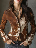 New Women's Long-Sleeved, Single-Breasted Jacket With A Unique Printed Design And Lapel Collar. Slim Fit, Machine Washable.