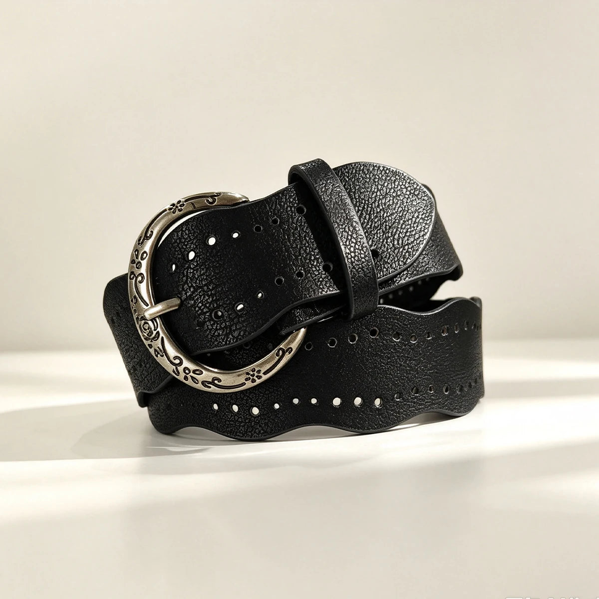PENDRA Rhealia Leather Silver Pin Buckle Wide Belt