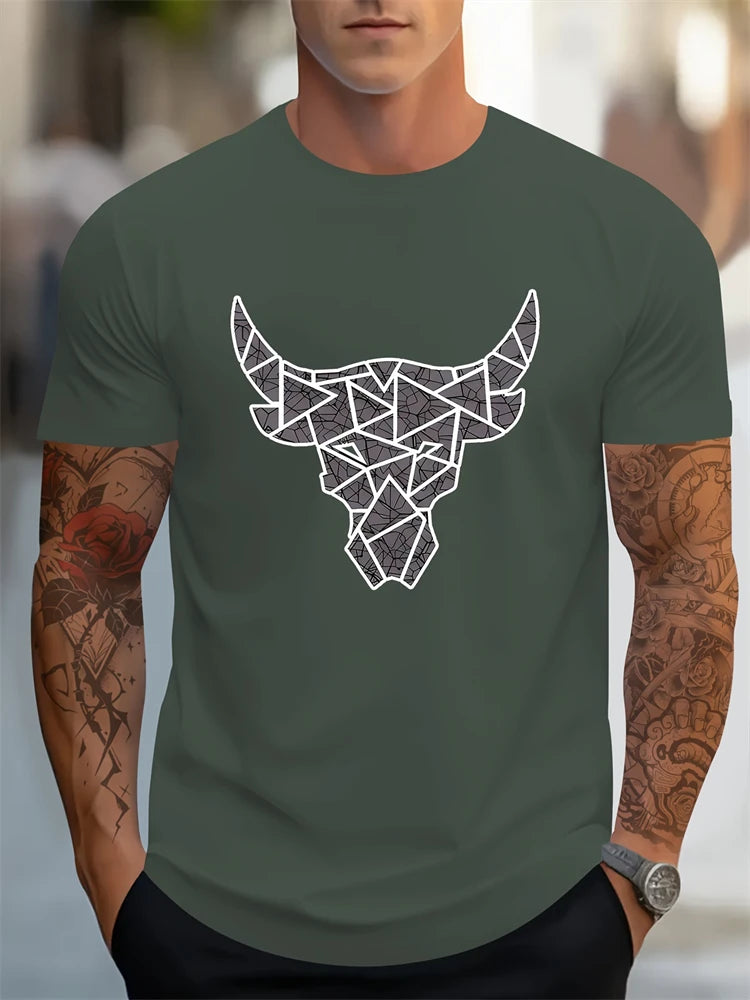 Summer Daily Casual Men's T-shirt Urban Fashion Men's Short-sleeved Outdoor Sports Fitness Training Tee Bull Print Men's T-shirt