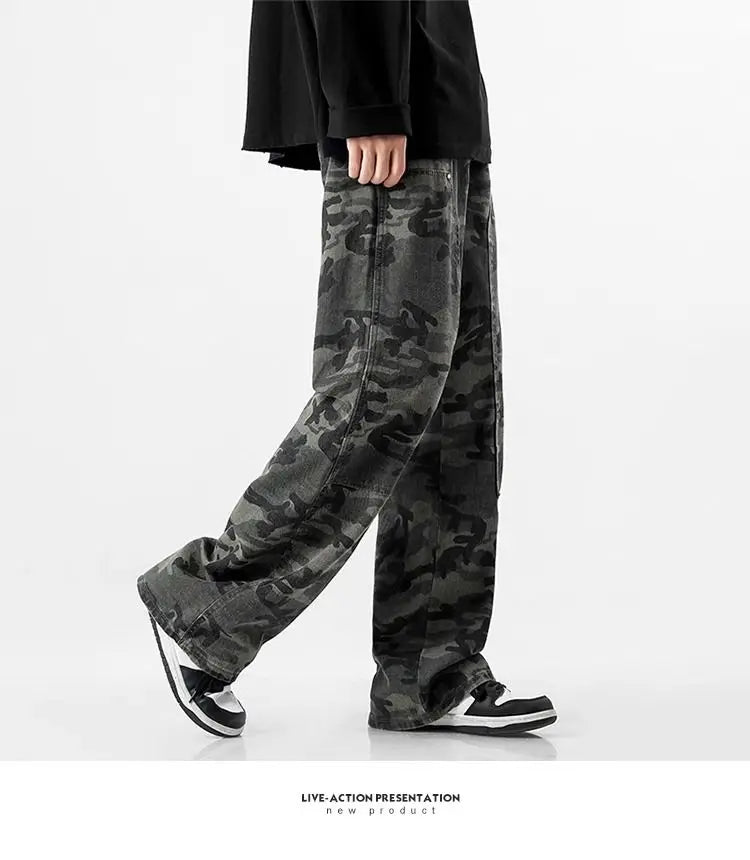 Camouflage Tooling Jeans Autumn New High Street Retro Loose Straight Wide Leg Baggy Trousers Cargo Pants Men Low Rise Jeans