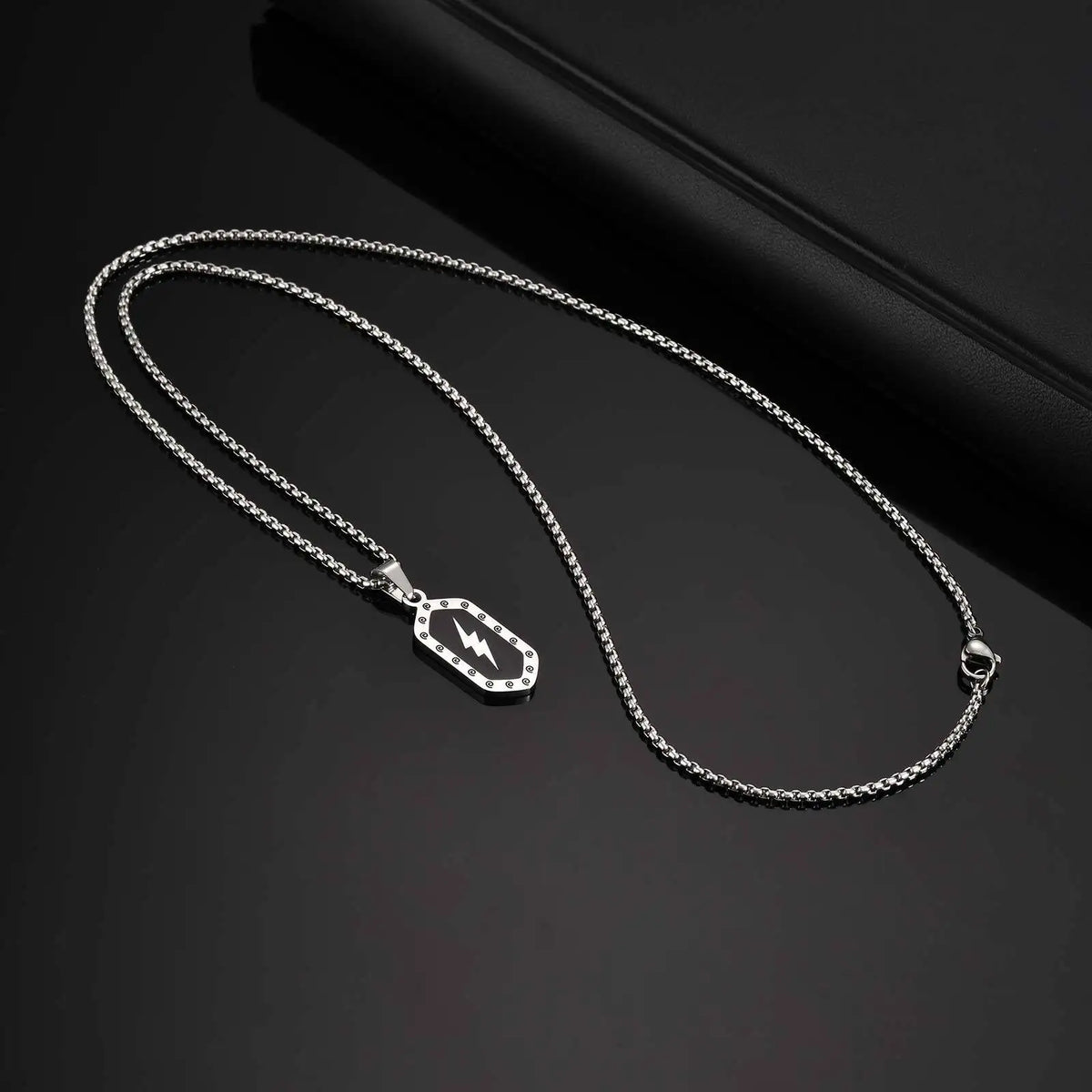 Stylish Lightning Pattern Necklace for Men,Black Enamel Hexagonal Stainless Steel Pendant,Punk Jewelry Gift for Him