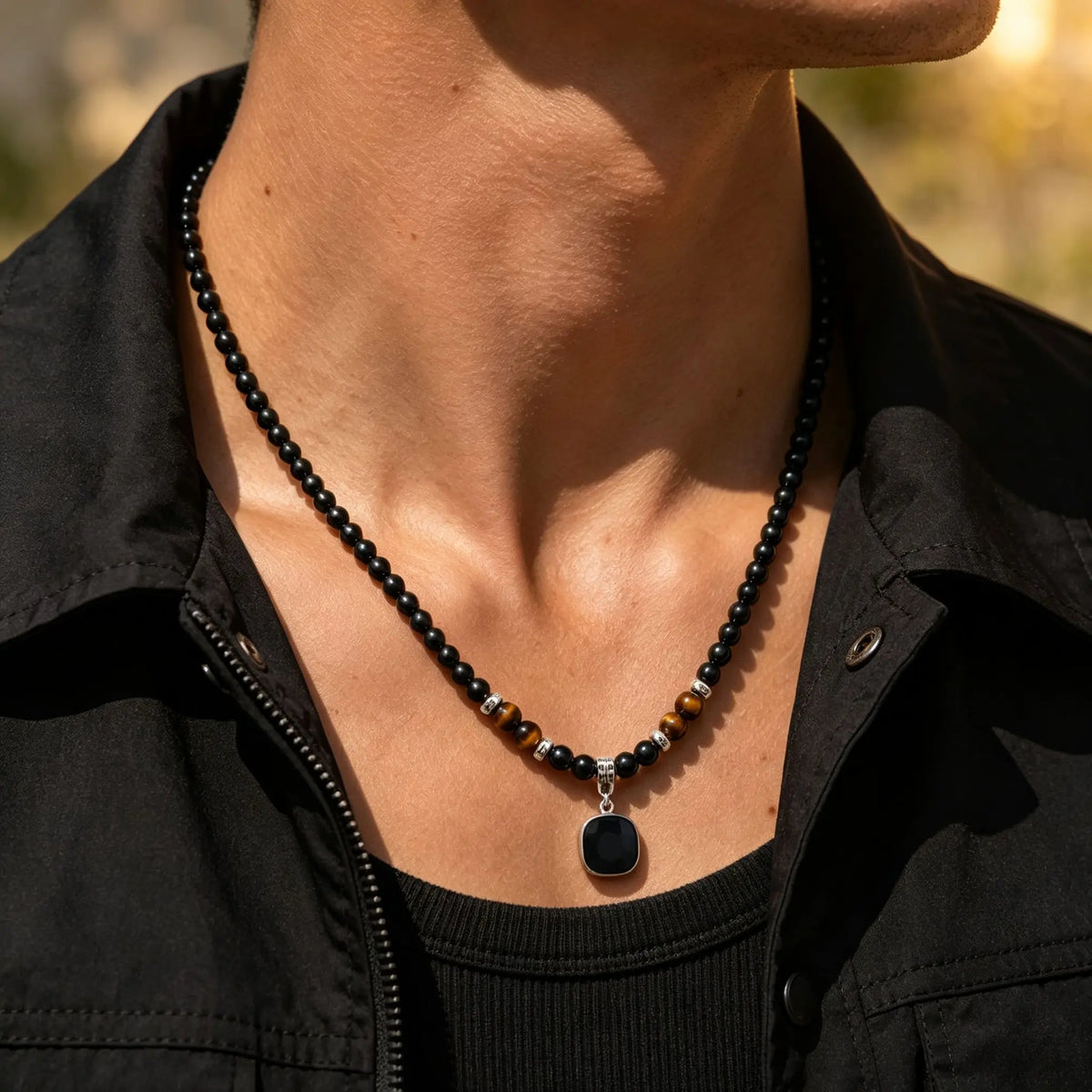 Men Beaded Pendant Necklace,Gemstone Tiger Eye Round Beads With Black Glass Square Pendant, Punk Boho Jewelry Gift for Boyfriend