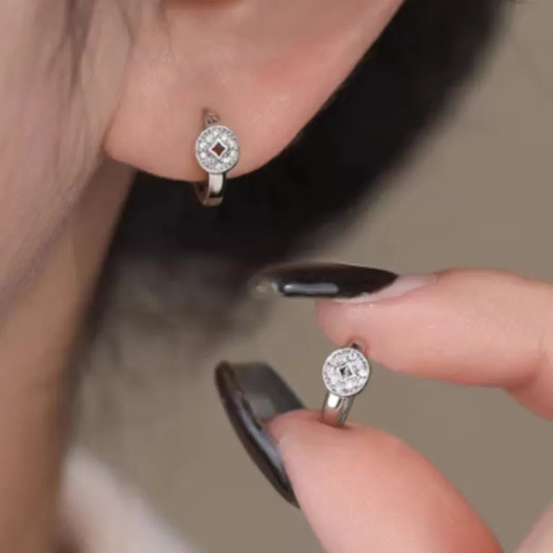 VENTFILLE 925 Sterling Silver Copper Coin Zircon Earring for Women Ear Wire Geometry Hollow Out Wealth Jewelry Gift Dropshipping