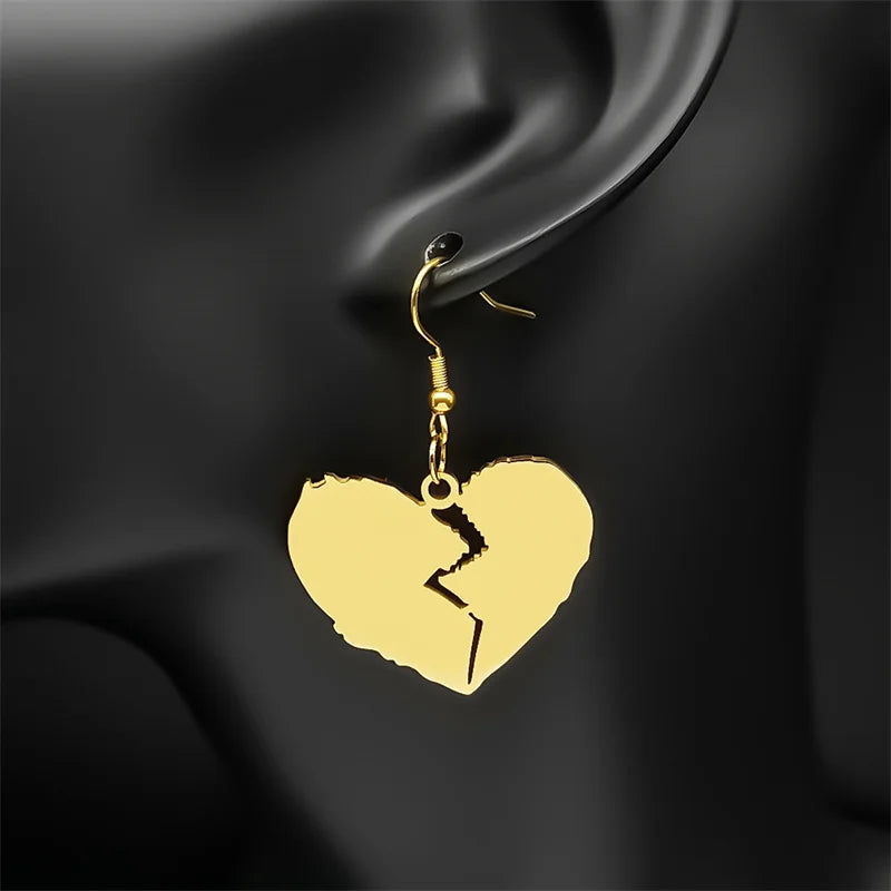 Gothic Style Broken Heart Dangle Earrings for Women Stainless Steel Gold Black Color Cool Girl Charm Party Drop Earrings Jewelry